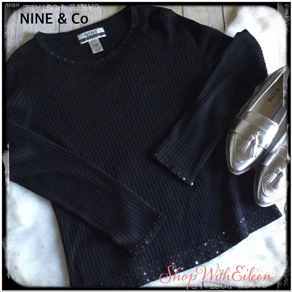 NINE & Company Black Ribbed Sequin Detail Christmas Holiday Sweater